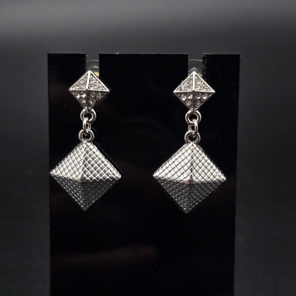Silver Tone Geometric Dangle Earrings Rhinestone Pierced